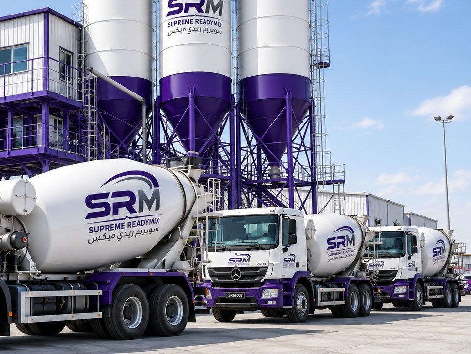 Row of SRM transit mixers in front of the batching plant silos